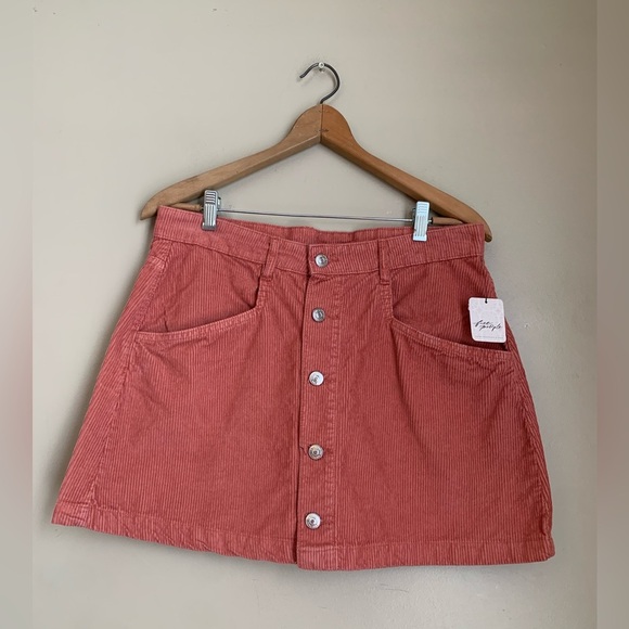 Free People NWT coral Corduroy Mini Skirt button up - Picture 1 of 7